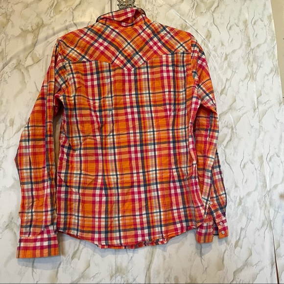 Panhandle large plaid checks orange front pocket Pearl snap button 100% cotton - Picture 8 of 8